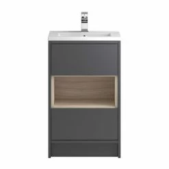 Hudson Reed Coast 500mm Floorstanding 2 Drawer Vanity Unit With Open Shelf & Basin - Grey Gloss/Driftwood