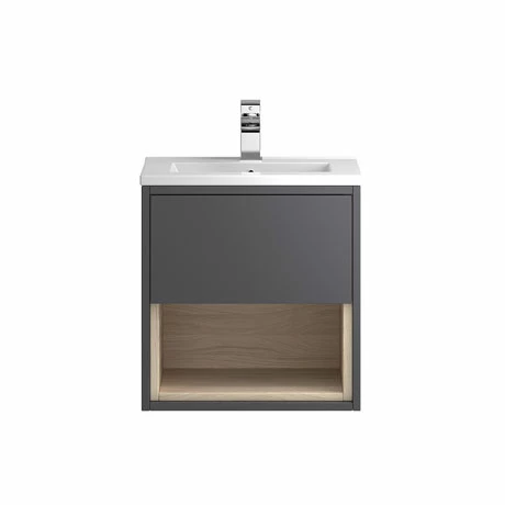 Hudson Reed Coast 500mm Wall Mounted Vanity Unit with Open Shelf & Basin - Grey Gloss/Driftwood Hudson Reed Coast 500mm Wall Mounted Vanity Unit With Open Shelf & Basin - Grey Gloss/Driftwood -Hudson Reed Shop A BM COGDW 5WMV P