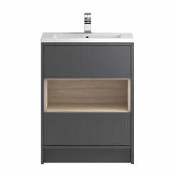 Hudson Reed Coast 600mm Floorstanding 2 Drawer Vanity Unit With Open Shelf & Basin - Grey Gloss/Driftwood