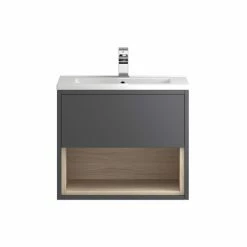 Hudson Reed Coast 600mm Wall Mounted Vanity Unit With Open Shelf & Basin - Grey Gloss/Driftwood