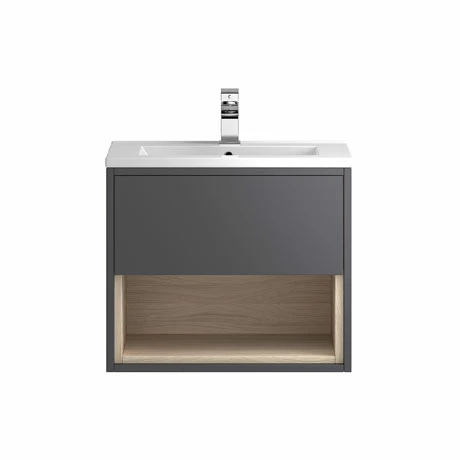 Hudson Reed Coast 600mm Wall Mounted Vanity Unit with Open Shelf & Basin - Grey Gloss/Driftwood Hudson Reed Coast 600mm Wall Mounted Vanity Unit With Open Shelf & Basin - Grey Gloss/Driftwood -Hudson Reed Shop A BM COGDW 6WMV P