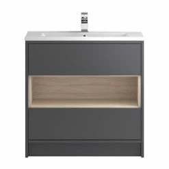 Hudson Reed Coast 800mm Floorstanding 2 Drawer Vanity Unit With Open Shelf & Basin - Grey Gloss/Driftwood