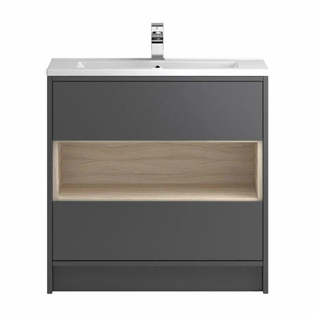 Hudson Reed Coast 800mm Floorstanding 2 Drawer Vanity Unit with Open Shelf & Basin - Grey Gloss/Driftwood Hudson Reed Coast 800mm Floorstanding 2 Drawer Vanity Unit With Open Shelf & Basin - Grey Gloss/Driftwood -Hudson Reed Shop A BM COGDW 8FDOS P