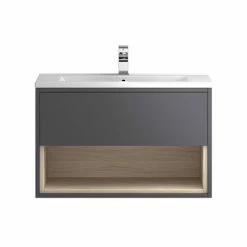 Hudson Reed Coast 800mm Wall Mounted Vanity Unit With Open Shelf & Basin - Grey Gloss/Driftwood