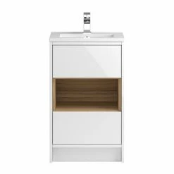 Hudson Reed Coast 500mm Floorstanding 2 Drawer Vanity Unit With Open Shelf & Basin - Gloss White/Coco Bolo