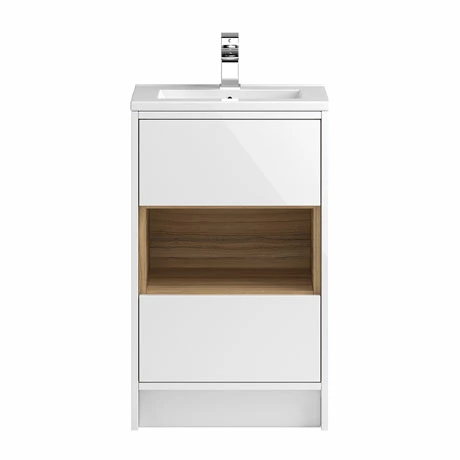 Hudson Reed Coast 500mm Floorstanding 2 Drawer Vanity Unit With Open Shelf & Basin - Gloss White/Coco Bolo 3 Hudson Reed Coast 500mm Floorstanding 2 Drawer Vanity Unit With Open Shelf & Basin - Gloss White/Coco Bolo