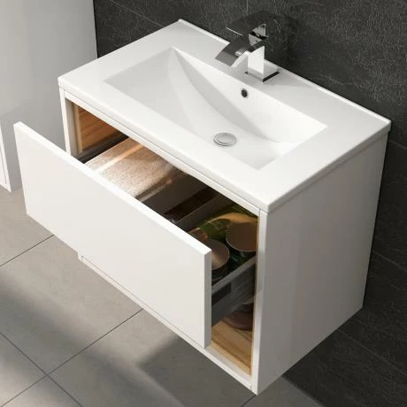Hudson Reed Coast 600mm Wall Mounted Vanity Unit With Open Shelf & Basin - Gloss White/Coco Bolo 4 Hudson Reed Coast 600mm Wall Mounted Vanity Unit With Open Shelf & Basin - Gloss White/Coco Bolo - Image 2