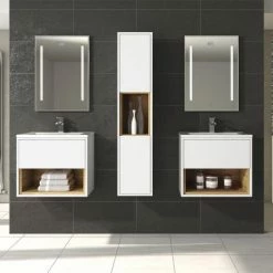 Hudson Reed Coast 600mm Wall Mounted Vanity Unit With Open Shelf & Basin - Gloss White/Coco Bolo 7 Hudson Reed Coast 600mm Wall Mounted Vanity Unit With Open Shelf & Basin - Gloss White/Coco Bolo -Hudson Reed Shop A BM COWCB 5WMV D2 460 5