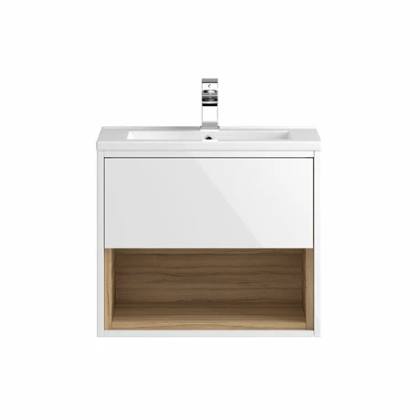 Hudson Reed Coast 600mm Wall Mounted Vanity Unit With Open Shelf & Basin - Gloss White/Coco Bolo 3 Hudson Reed Coast 600mm Wall Mounted Vanity Unit With Open Shelf & Basin - Gloss White/Coco Bolo