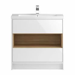 Hudson Reed Coast 800mm Floorstanding 2 Drawer Vanity Unit With Open Shelf & Basin - Gloss White/Coco Bolo