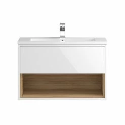 Hudson Reed 800mm Wall Mounted Vanity Unit With Open Shelf & Basin - Gloss White/Coco Bolo