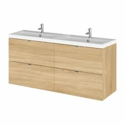 Hudson Reed 1200mm Natural Oak Full Depth Wall Hung 4-Drawer Unit & Double Basin