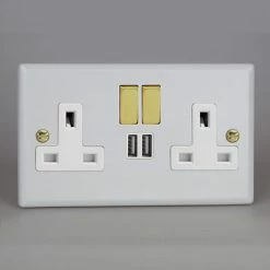 Hudson Reed Revive Twin Plug Socket With USB - Matt White/Brass