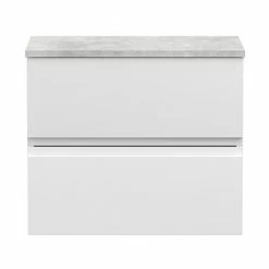 Hudson Reed Urban 600mm Satin White Vanity Unit - Wall Hung 2 Drawer Unit With Grey Worktop