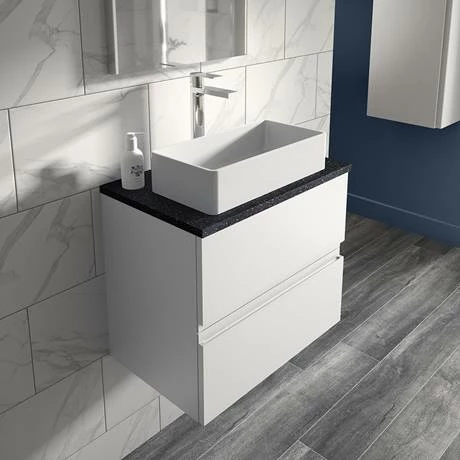 Hudson Reed Urban 600mm Satin White Vanity Unit - Wall Hung 2 Drawer Unit with Black Worktop Hudson Reed Urban 600mm Satin White Vanity Unit - Wall Hung 2 Drawer Unit With Black Worktop -Hudson Reed Shop URB104LSB D1 460