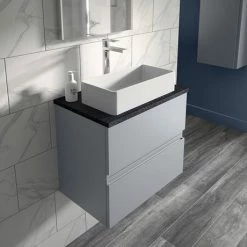 Hudson Reed Urban 600mm Satin Grey Vanity Unit - Wall Hung 2 Drawer Unit With Black Worktop -Hudson Reed Shop URB204LSB D1 460