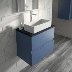 Hudson Reed Urban 600mm Satin Blue Vanity Unit - Wall Hung 2 Drawer Unit With Black Worktop -Hudson Reed Shop URB304LSB D1 460